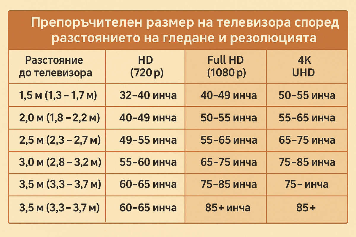 Инфографика с размера екран на телевизор, спрямо разстоянието на гледане за Как да изберем правилния размер на телевизора?